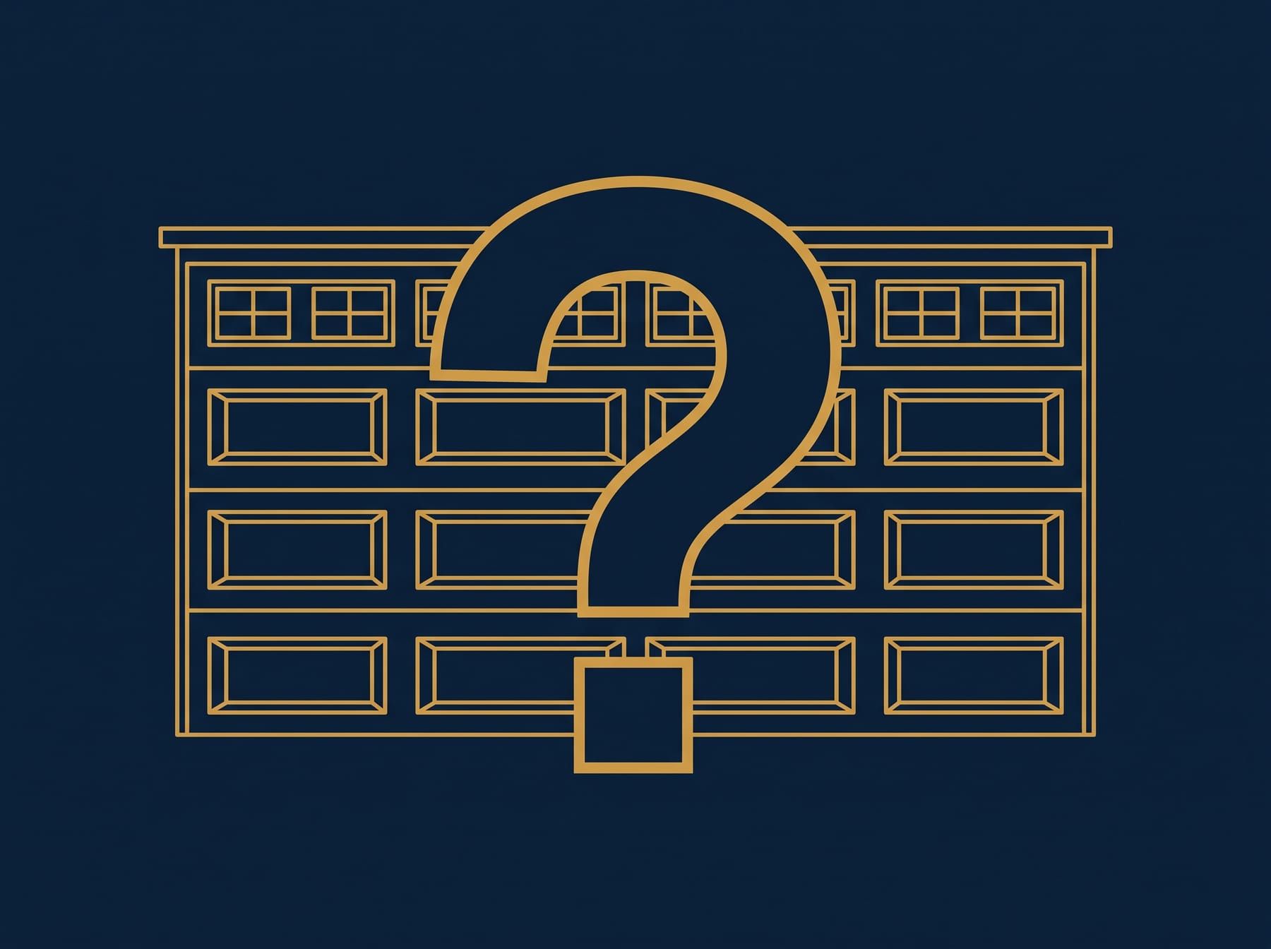 An illustration of a closed sectional garage door with a large question mark in front of it, drawn in gold line work on a navy background